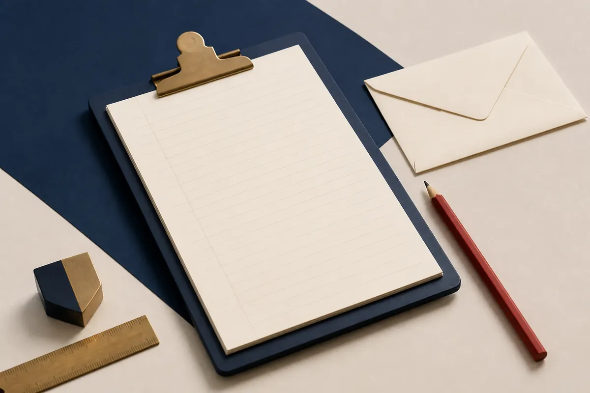 Escritorio editorial con carpeta, lápiz y sello geométrico, sin personas
