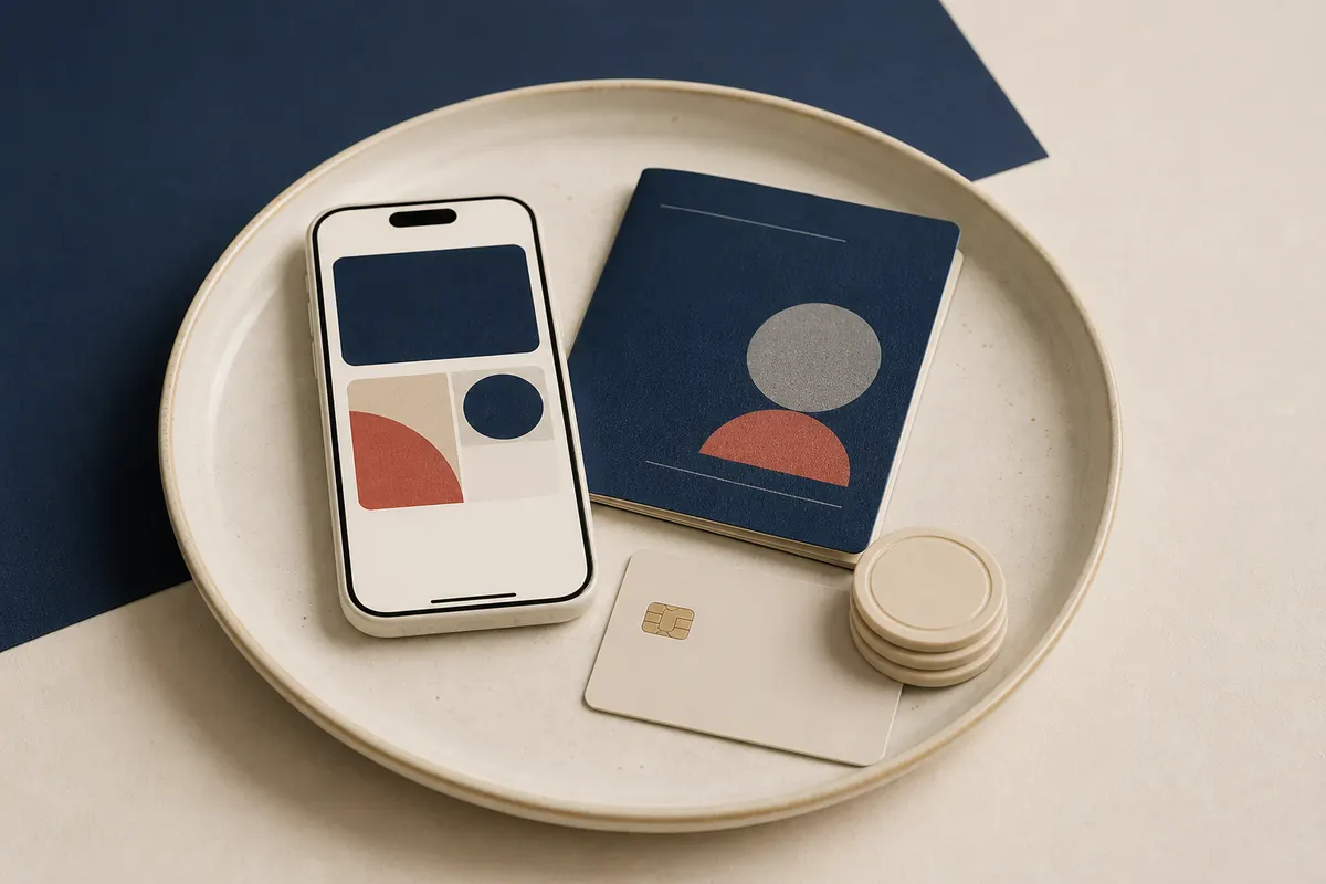 Teléfono, libreta bancaria y tarjeta genérica sobre un escritorio de porcelana