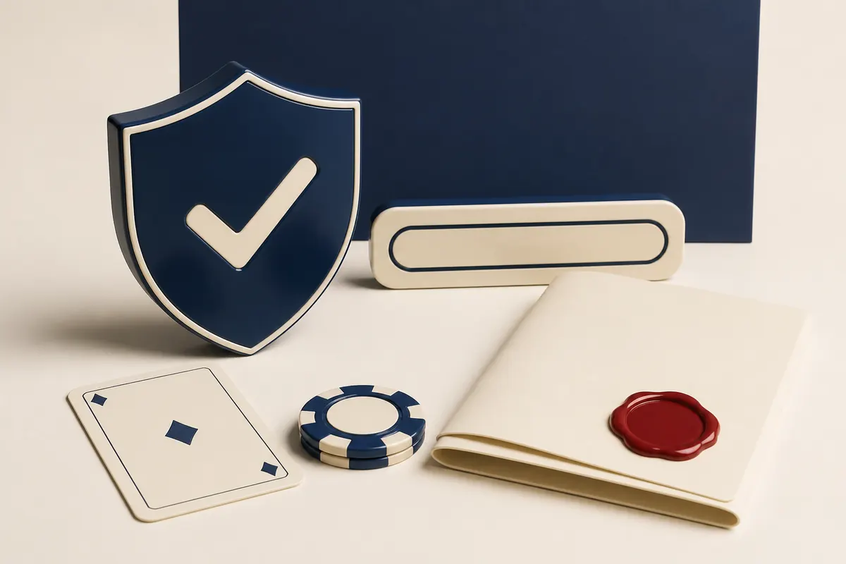 Escudo, ficha de ruleta y documento sellado sobre un escritorio, como idea de verificación