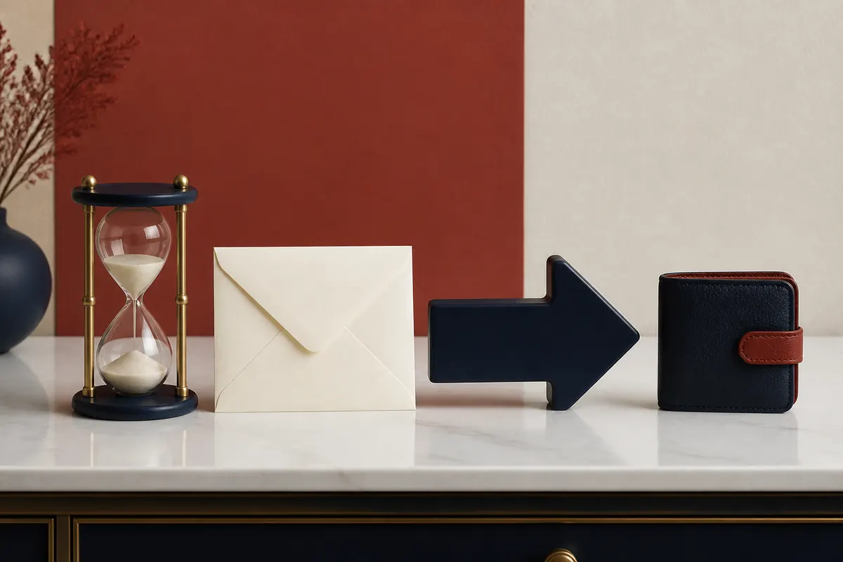 Reloj de arena, sobre y billetera en fila, idea de espera de un retiro